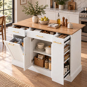 Mobile contenitore da cucina con piano pieghevole, vano pattumiera, 2 cassetti e ripiano estraibile, bianco e naturale