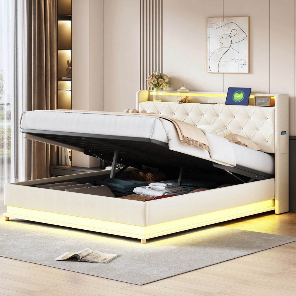 Letto imbottito beige 160x200 cm con LED, USB e vano contenitore