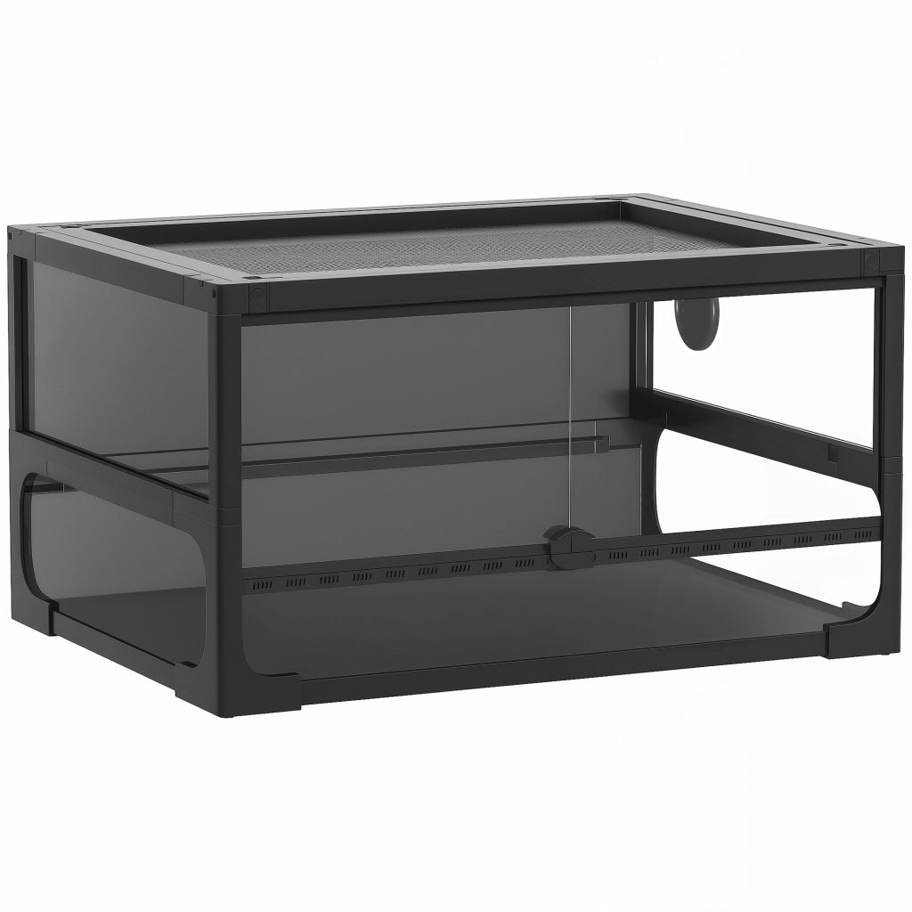 Rettilario Rialzato e Pieghevole con Coperchio e Pareti in Vetro Temperato e Plastica, 60x45x32 cm, Nero
