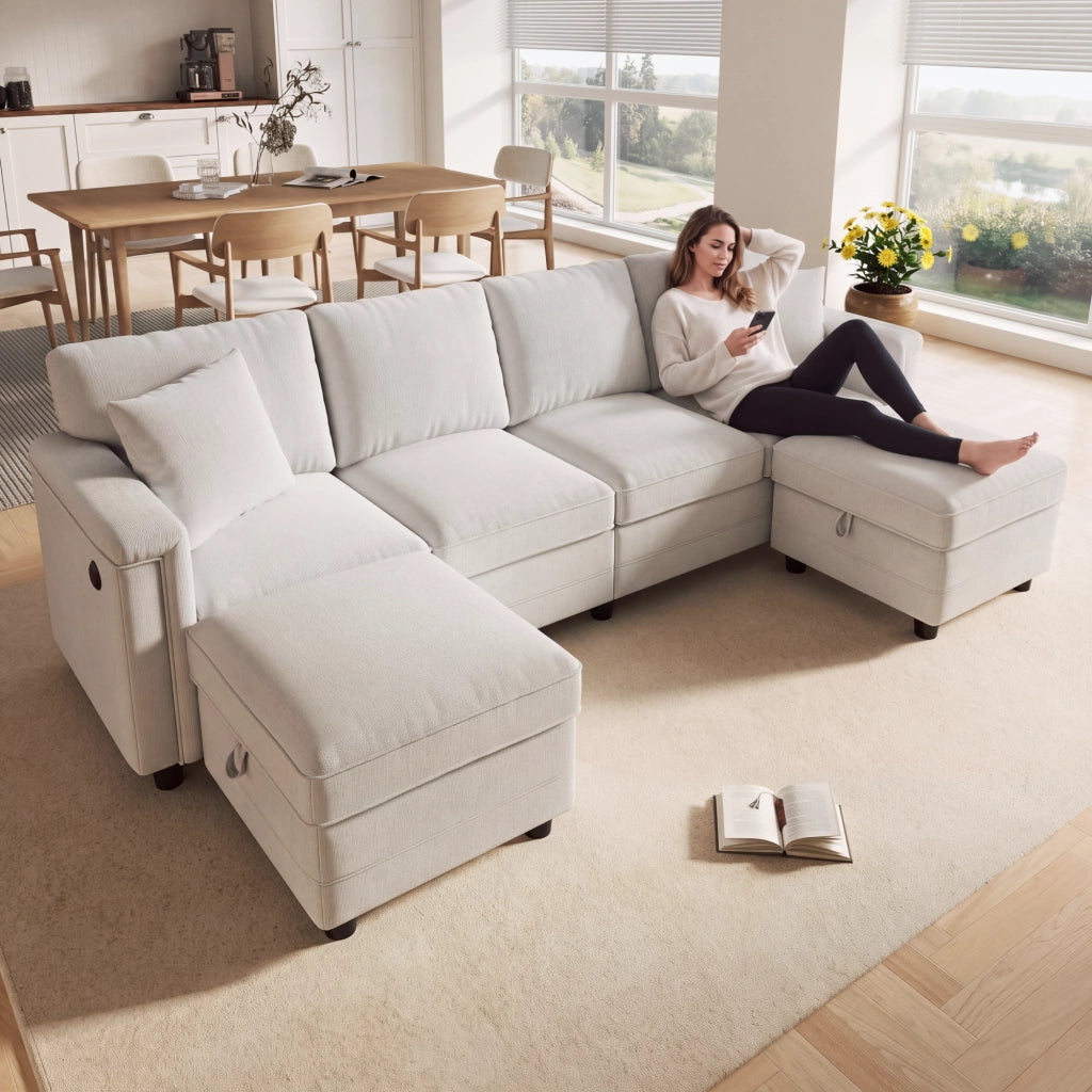 Divano modulare trasformabile a L e U 261 x 134 x 82 cm con due pouf contenitore; ciniglia beige