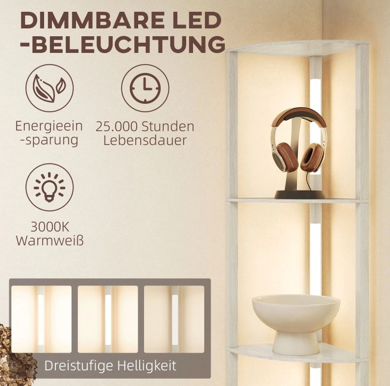Lampada da terra LED dimmerabile con 4 ripiani, luce calda, struttura in quercia 41x30x164 cm