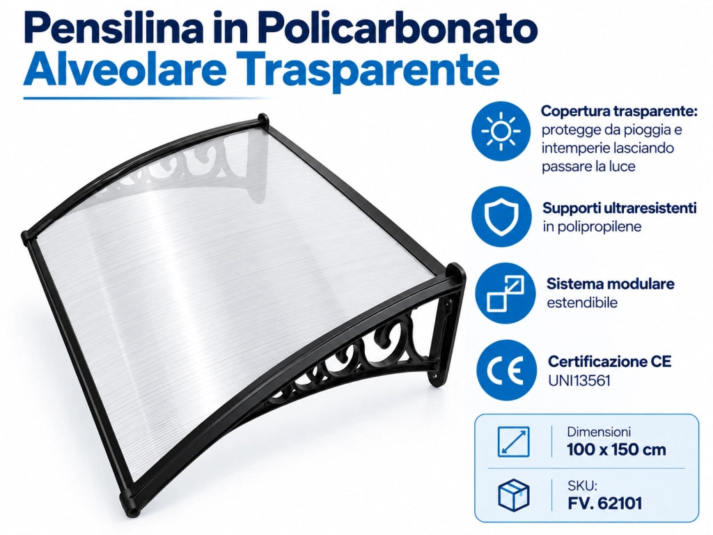 Pensilina Policarbonato per pioggia Alveolare Trasparente Cm 100x150
