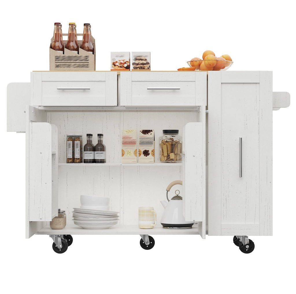 Isola cucina multifunzione bianca 110x46 cm con piano ribaltabile, ruote e ampio spazio interno