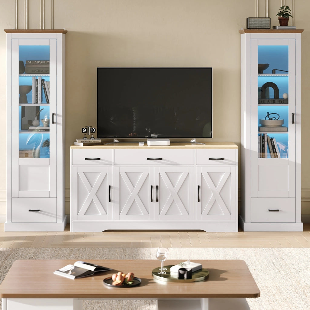 Vetrina Moderna LED Bianca Opaca 178 cm con USB, Mobile Espositivo in Truciolato e Vetro Temperato con Cassetto e 5 Ripiani