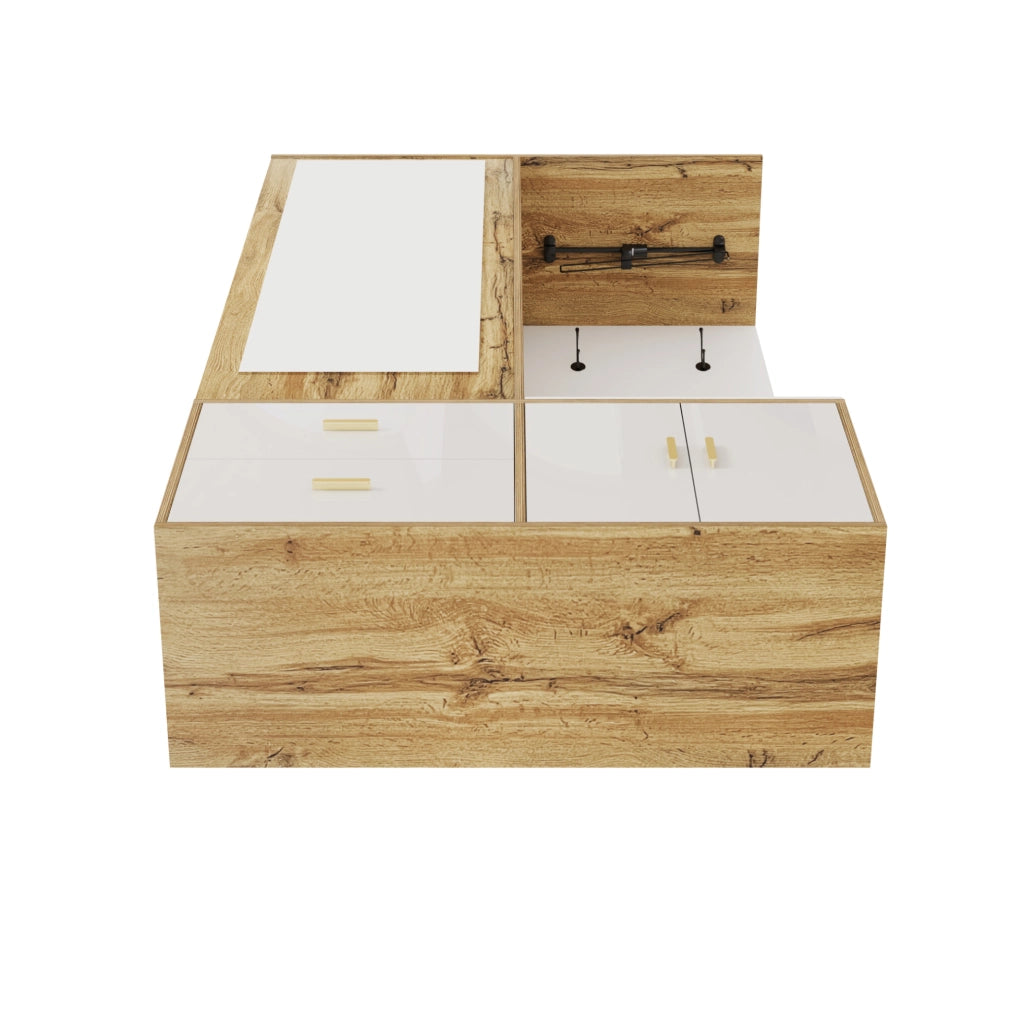 Set Appendiabiti Bianco e Legno con Specchio, Panca Scarpe e Grucce Estraibili, 100x38x180 cm