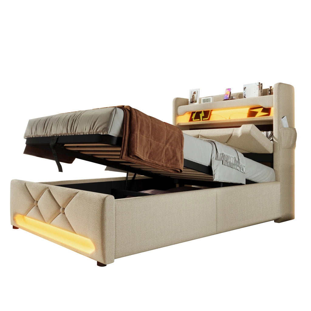 Letto contenitore singolo 90×200 cm con testiera; USB; Type C e LED; materasso incluso; lino; beige