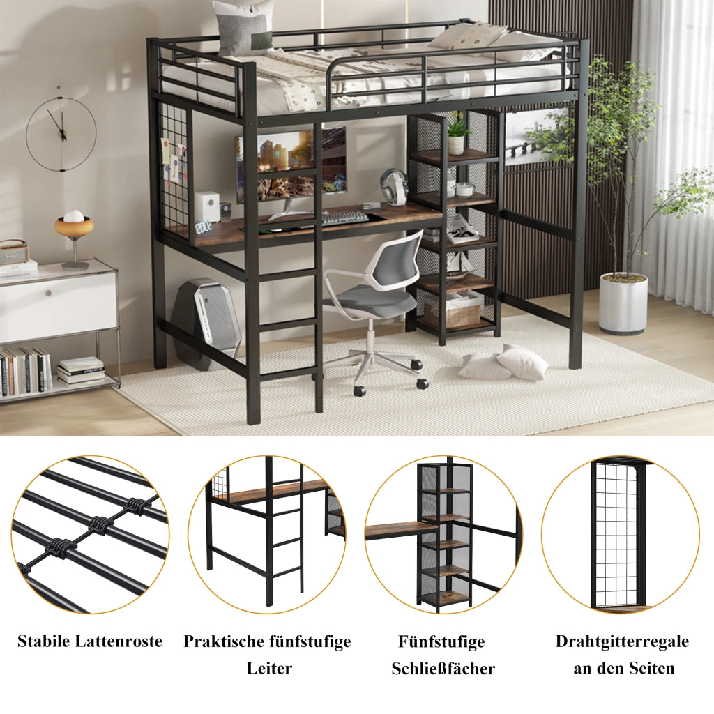 Letto a soppalco 90 × 200 cm con scrivania armadio a cinque ripiani griglia metallica in metallo e MDF nero noce scuro