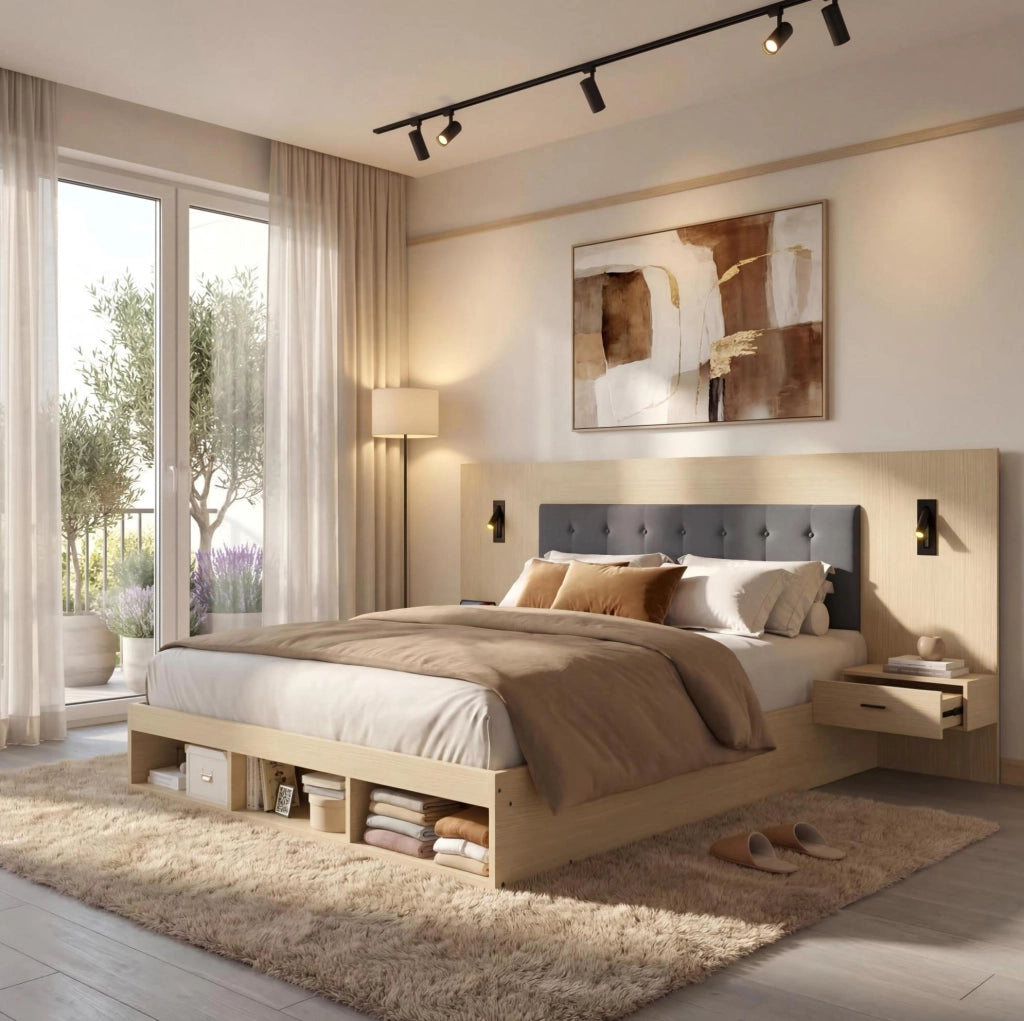 Letto matrimoniale contenitore ULEVR 160x200 cm con 2 comodini, lampade orientabili 360¡ã, USB e Type-C, rovere chiaro