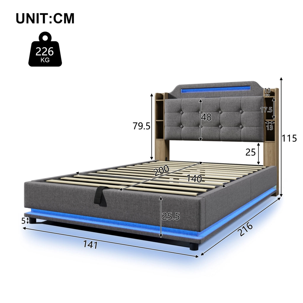 Letto contenitore 140 × 200 cm con LED USB e Type-C rivestito in lino grigio con vani laterali