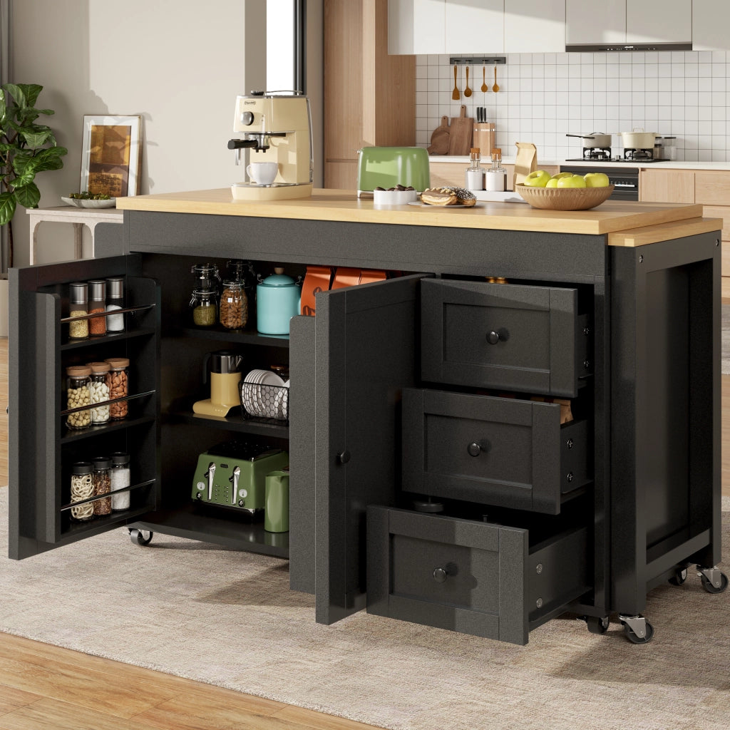 Mobile base da cucina con piano allungabile; 3 cassetti; armadio e ruote in MDF nero 116–179.5 × 45 × 89 cm