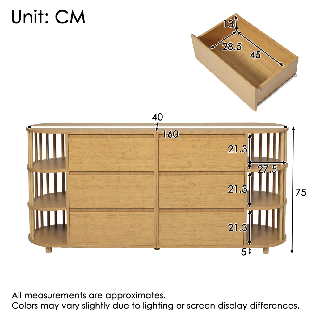Credenza 160x40x75 cm in MDF e bambù con 6 cassetti e ripiani aperti HOMVRA