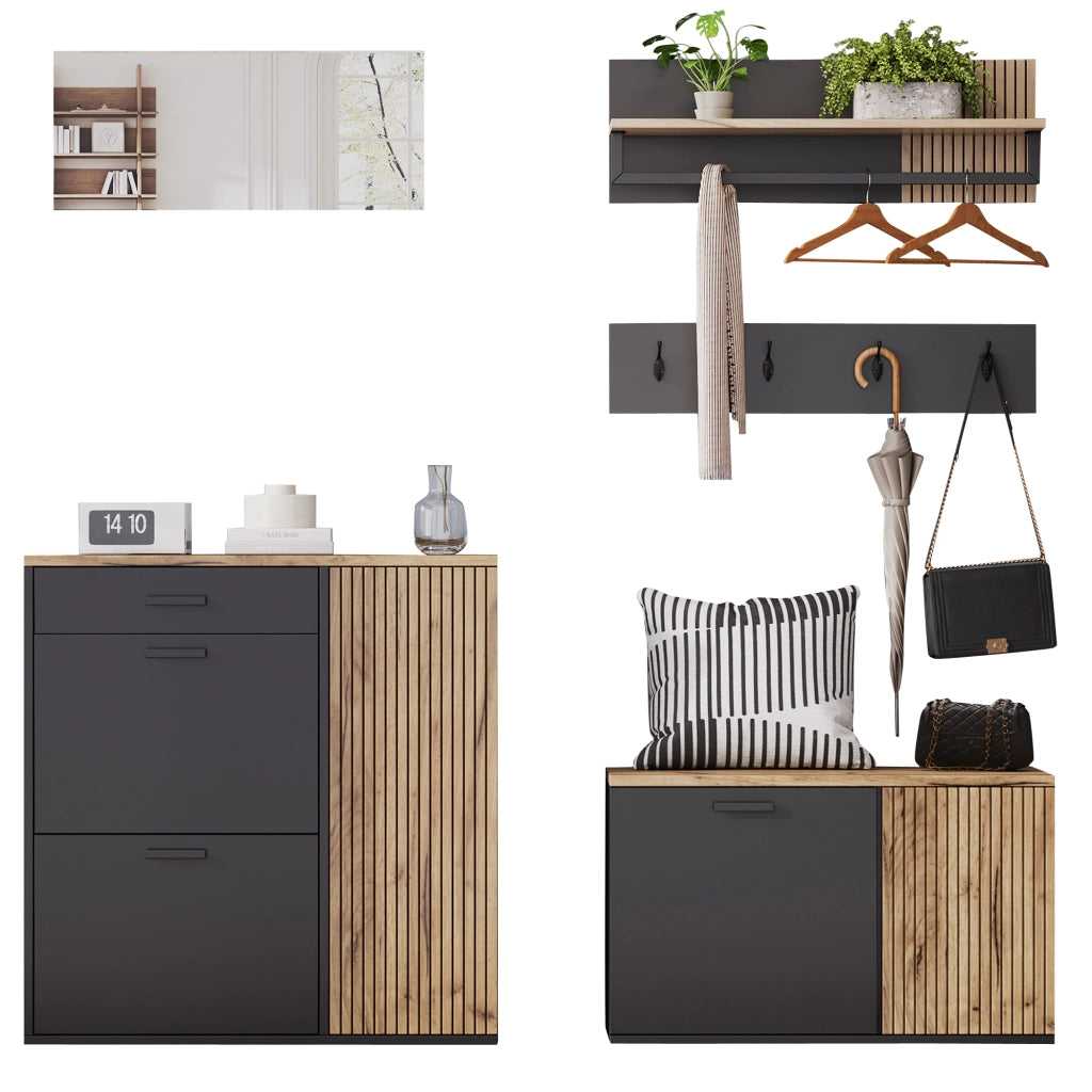 Set mobili da ingresso 5 pezzi; panca scarpiera da ingresso e armadietto; specchio e ganci; mobile da ingresso legno e nero