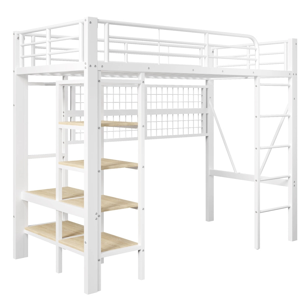 Letto a soppalco - Zephmum- 90x200 cm - Bianco - Telaio in ferro, ripiano, rete appendiabiti, spazio aperto, striscia LED