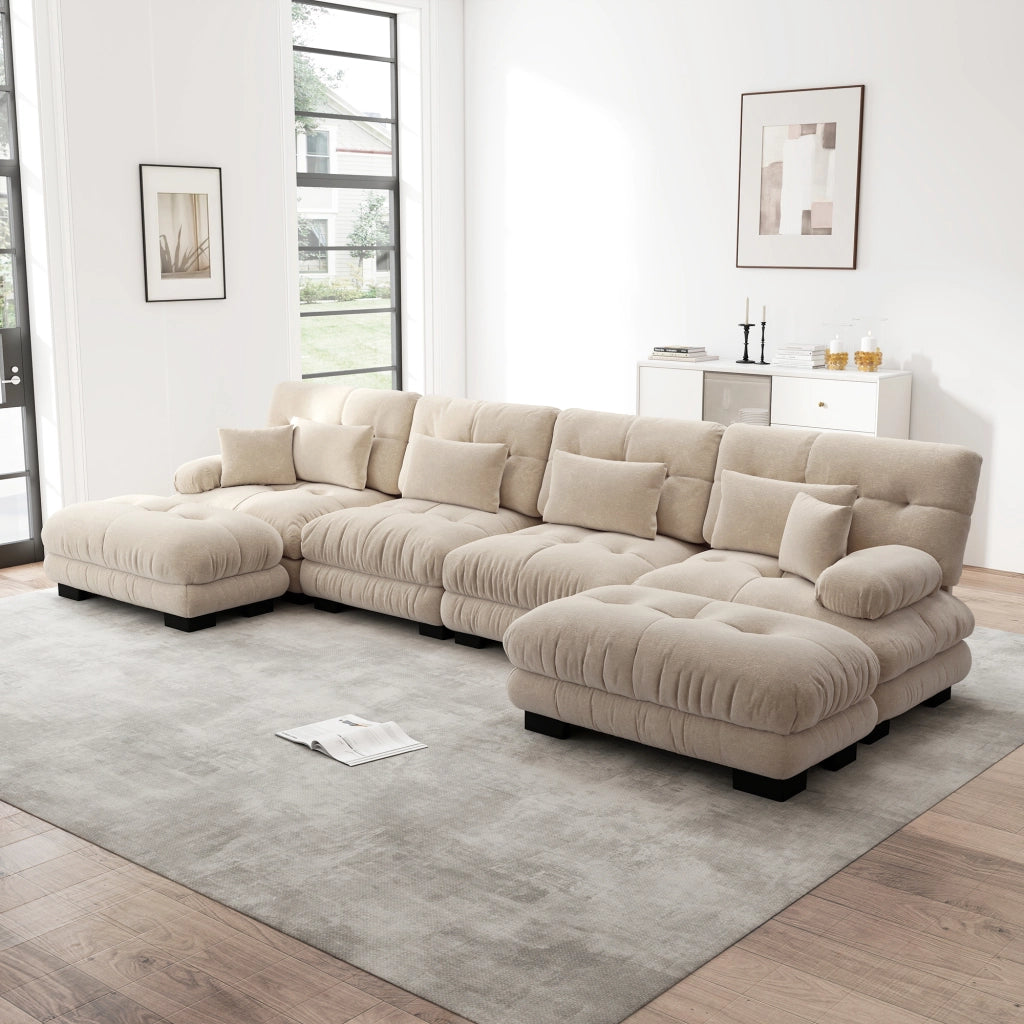 Divano modulare a 4 posti in chenille con ottomane mobili color caffè chiaro