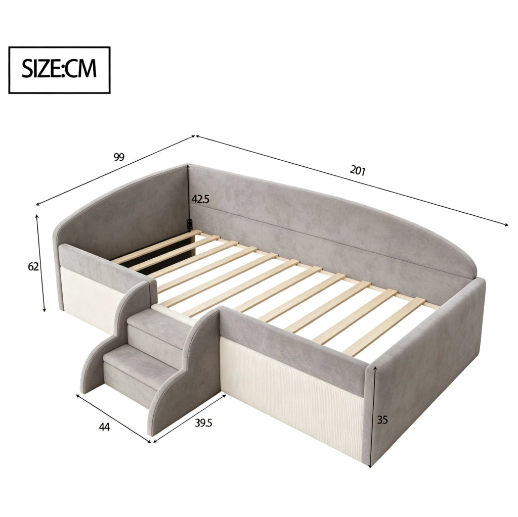 Letto imbottito per bambini 90x190 cm in tessuto vellutato anallergico con scale antiscivolo e protezioni laterali grigio