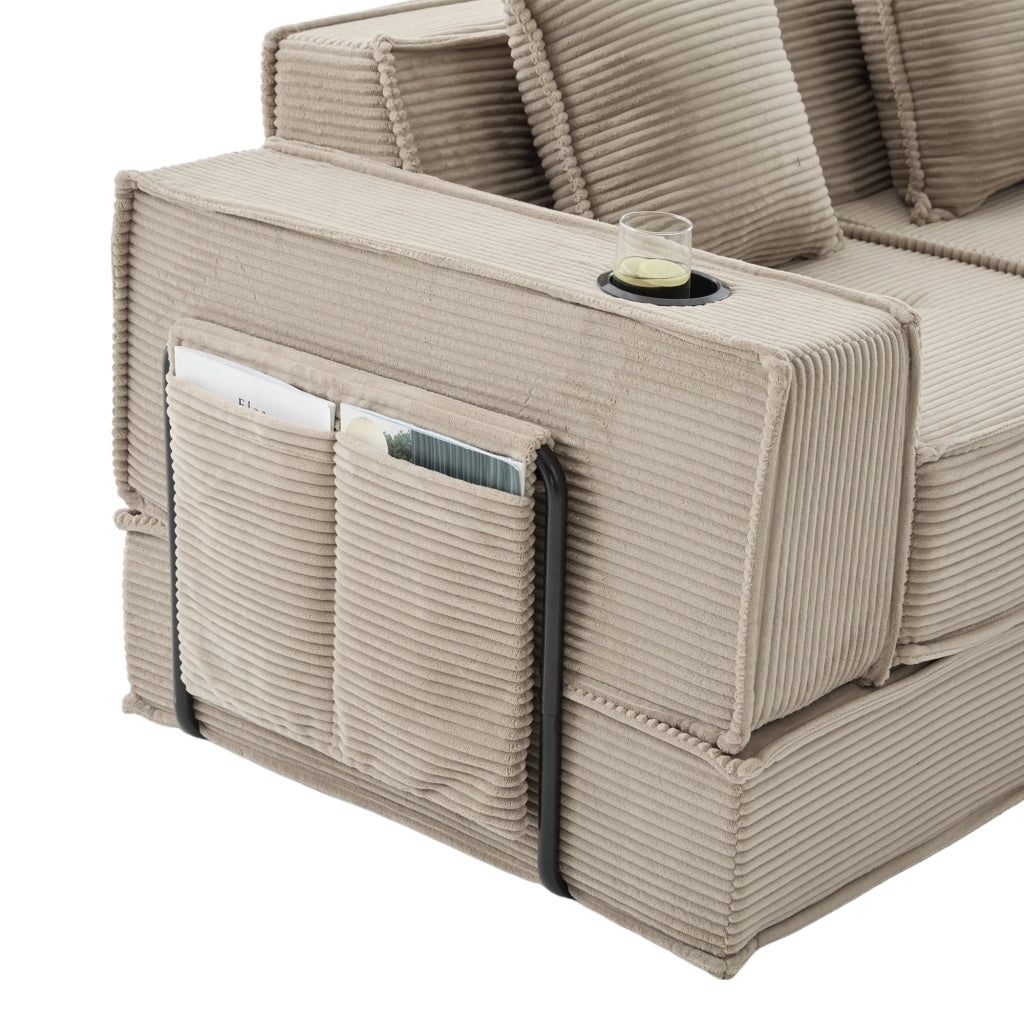Divano letto 2 posti in velluto a coste kaki con pouf; 2 cuscini; portabicchieri e tasche