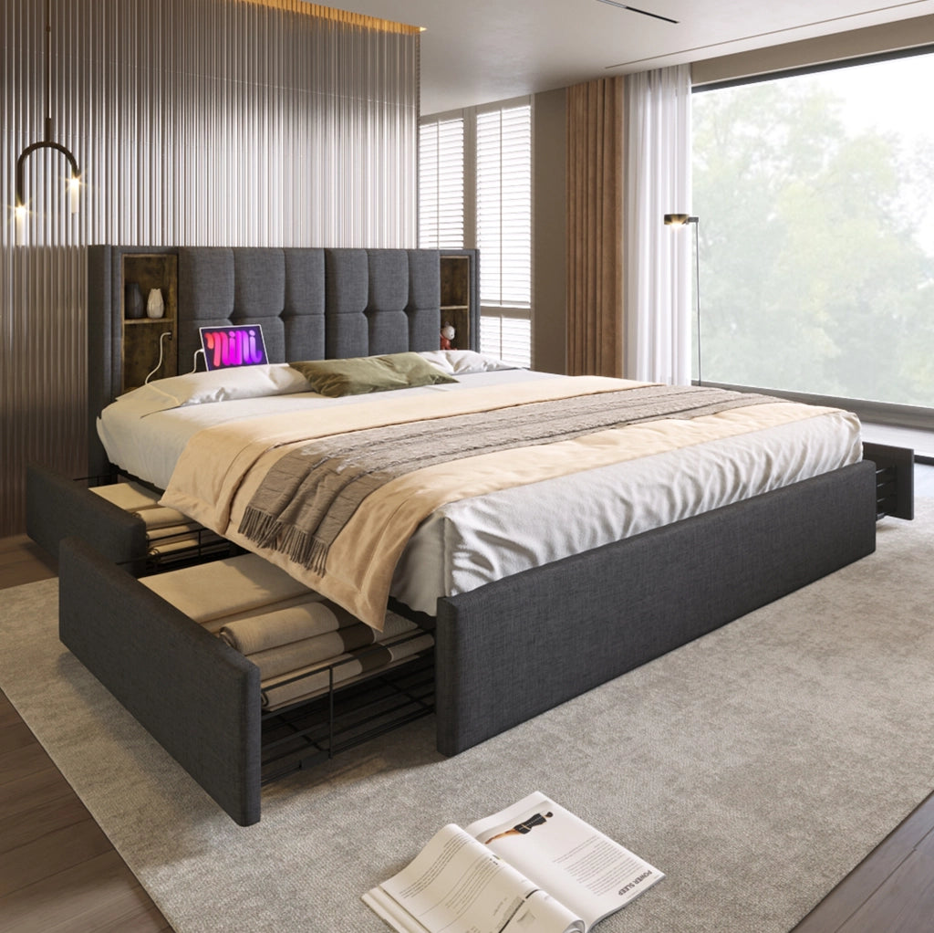 Letto imbottito 160x200 cm con ricarica wireless, USB, USB-C e 4 cassetti in lino grigio