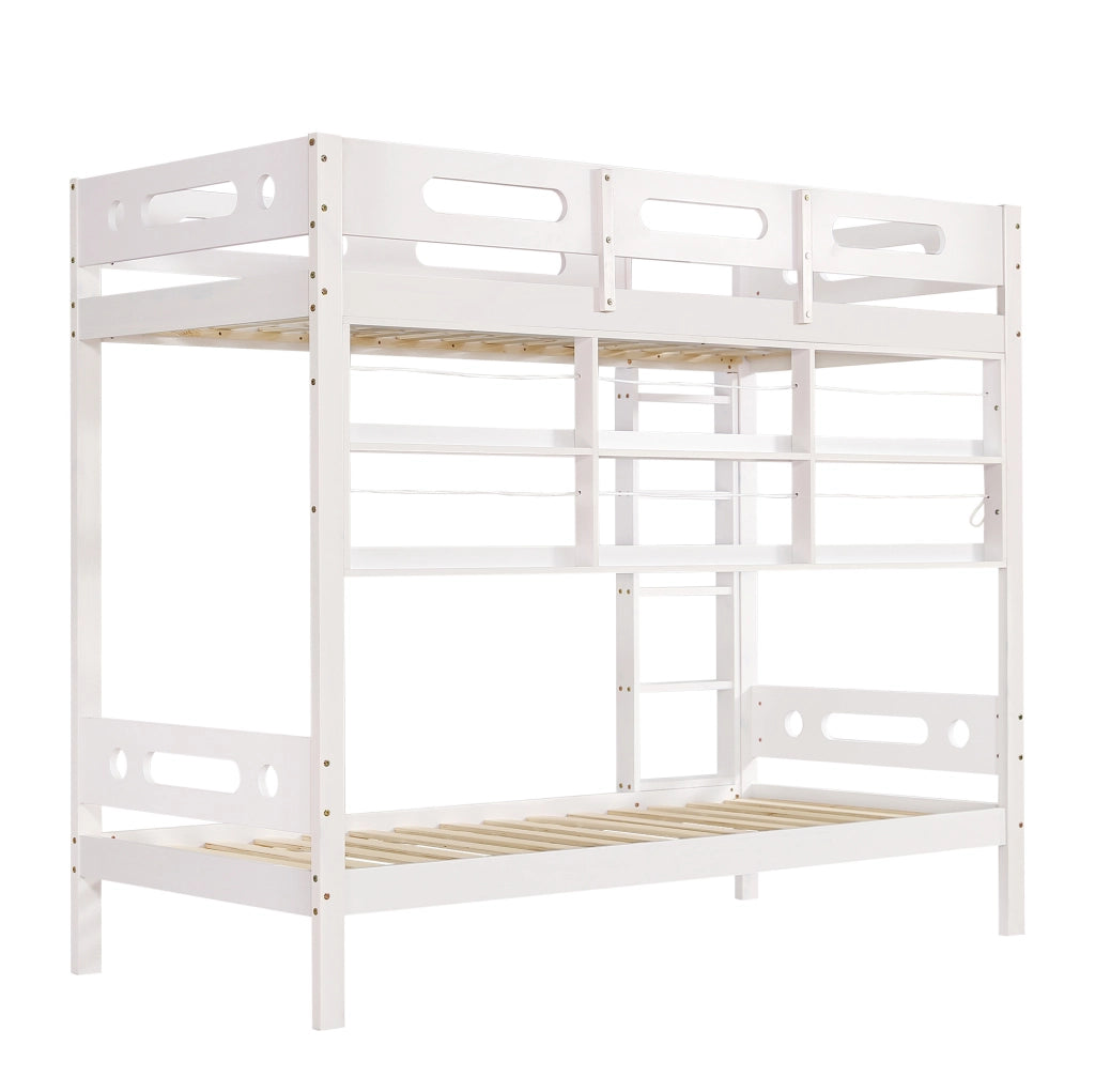 Letto a castello per bambini 90x200 cm in legno e MDF bianco con ripiani
