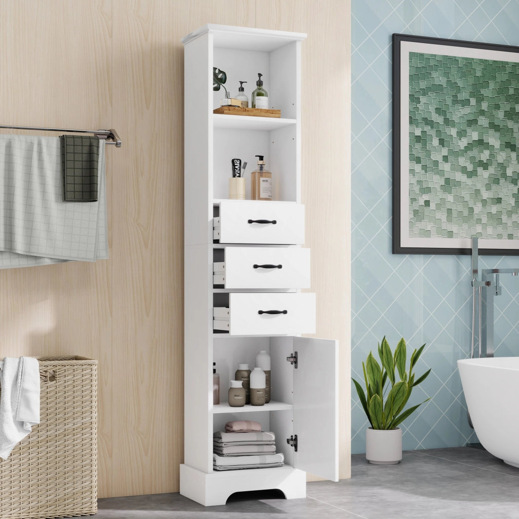 Colonna da bagno con 3 cassetti; vani aperti e ripiani regolabili in MDF laccato bianco 38 × 26 × 172.5 cm