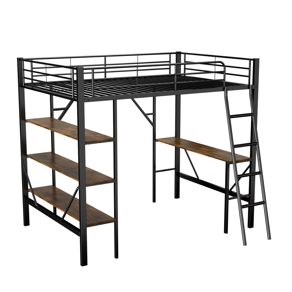 Letto a soppalco 90x200 cm con scrivania e 3 ripiani; struttura in metallo e MDF; nero