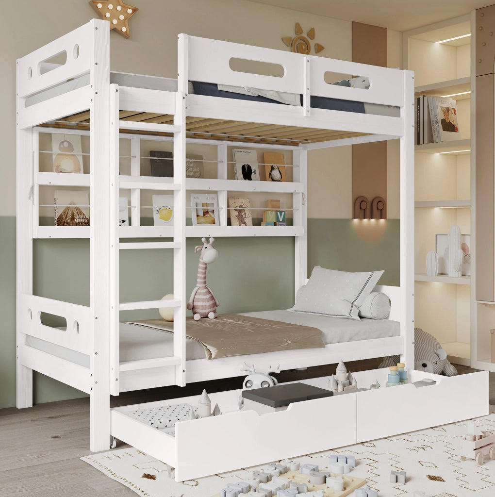 Letto a castello 90x200 cm in legno e MDF bianco con contenitori, senza materassi