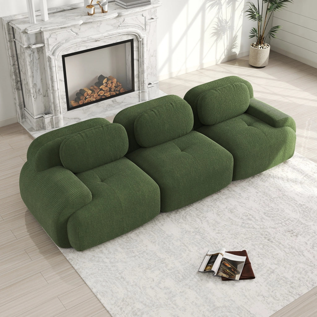 Divano 3 sedili modulari 298x103x75 cm; senza struttura; braccioli ergonomici; rivestimento ad alta elasticità; antiscivolo; velluto a coste; verde