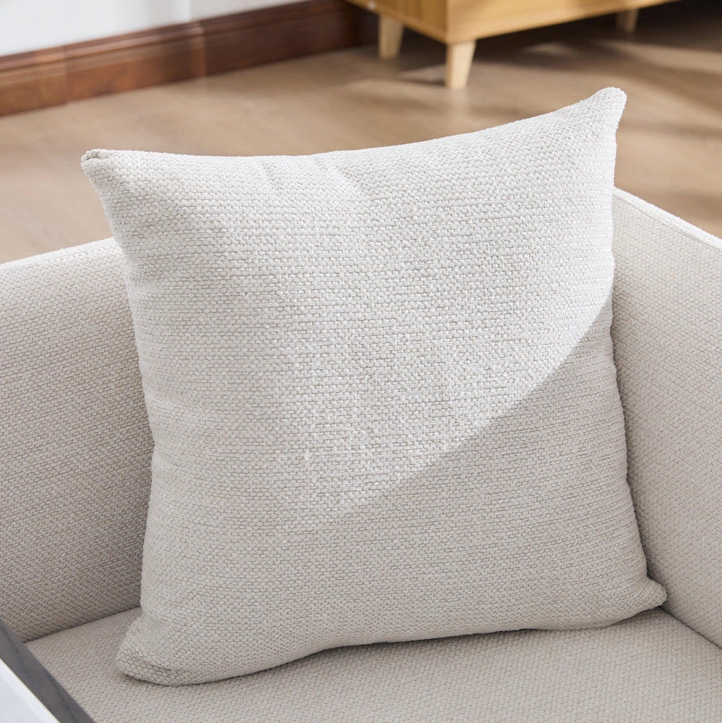 Poltrona in ciniglia beige con tavolino laterale e 2 tasche portaoggetti