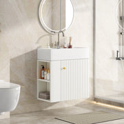 Mobile bagno compatto bianco con lavabo in ceramica e ripiani laterali