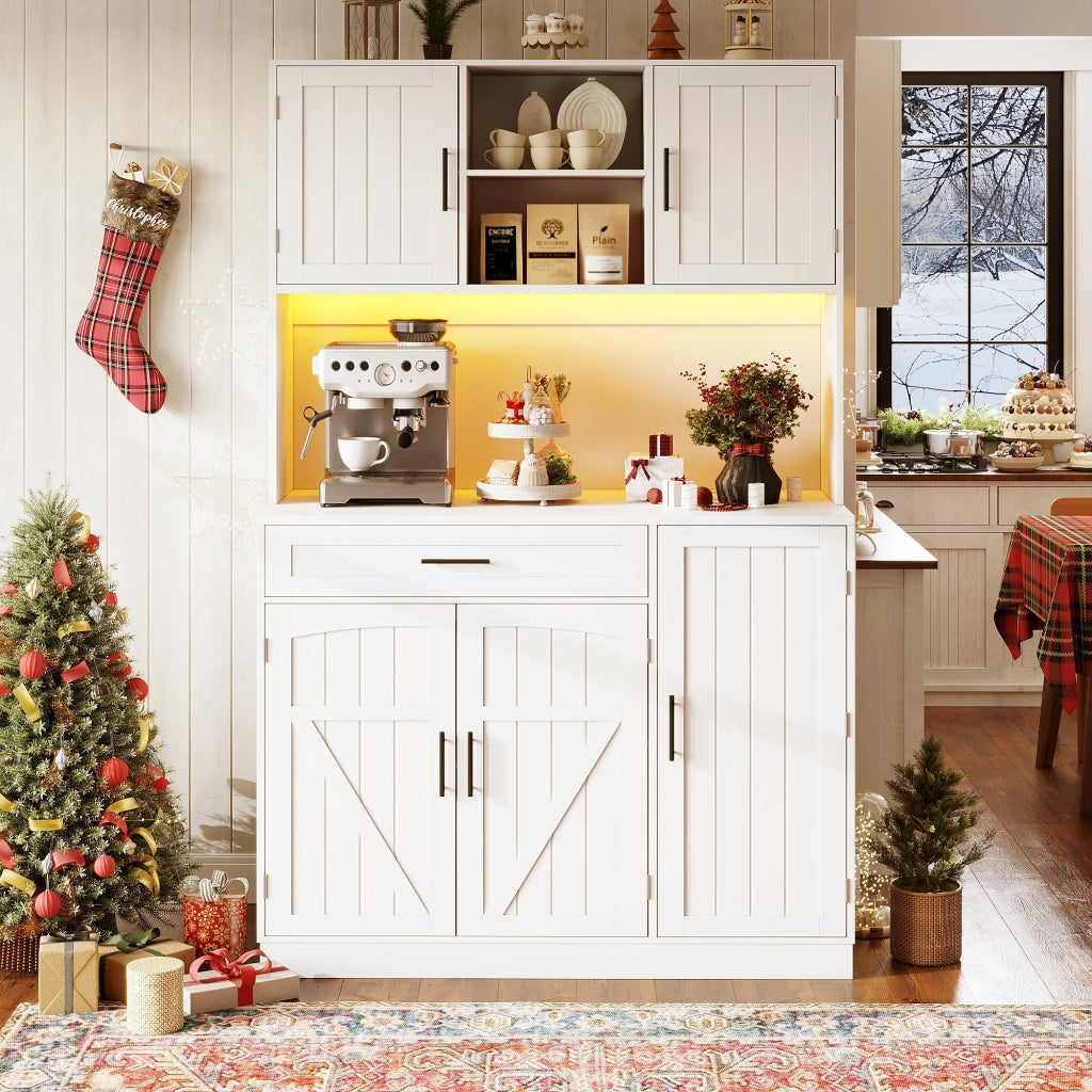 Credenza con cassetti e ripiani nelle ante LED con 2 prese e 2 porte USB per cucina in MDF colore bianco