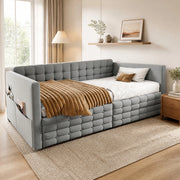 Letto imbottito 90x190 cm in velluto grigio chiaro con cassetti