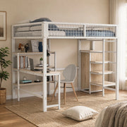 Letto a soppalco 140 × 200 cm con scrivania; ripiani e armadio integrato in metallo e MDF bianco