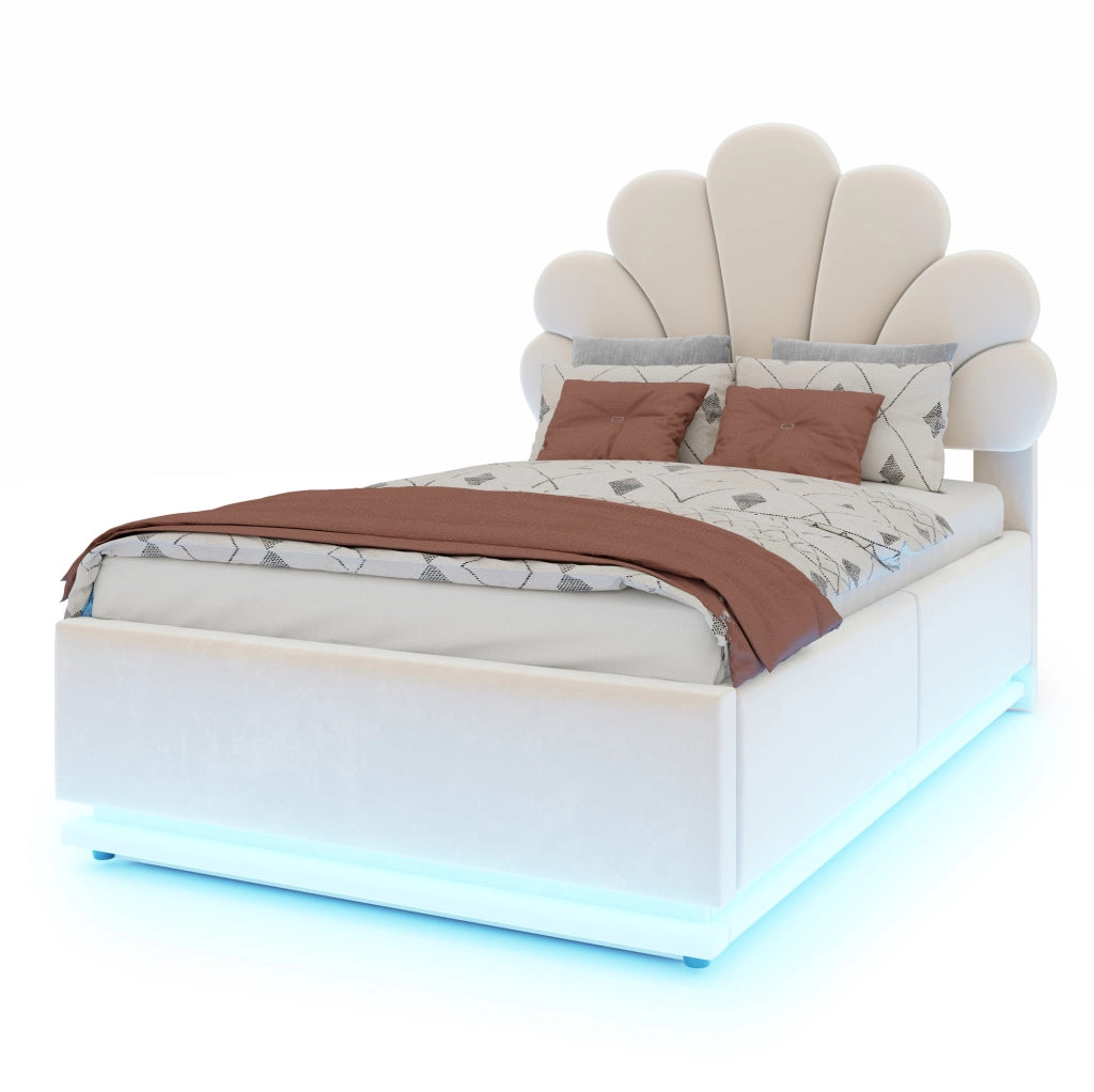LETTO Imbottito 90x200 cm Contenitore Idraulico LED Velluto Beige