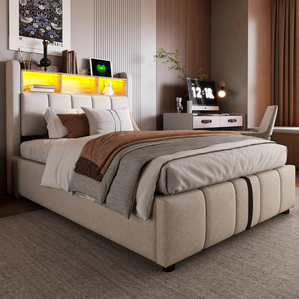 Letto imbottito 90x200 cm con LED, USB-C e vano contenitore