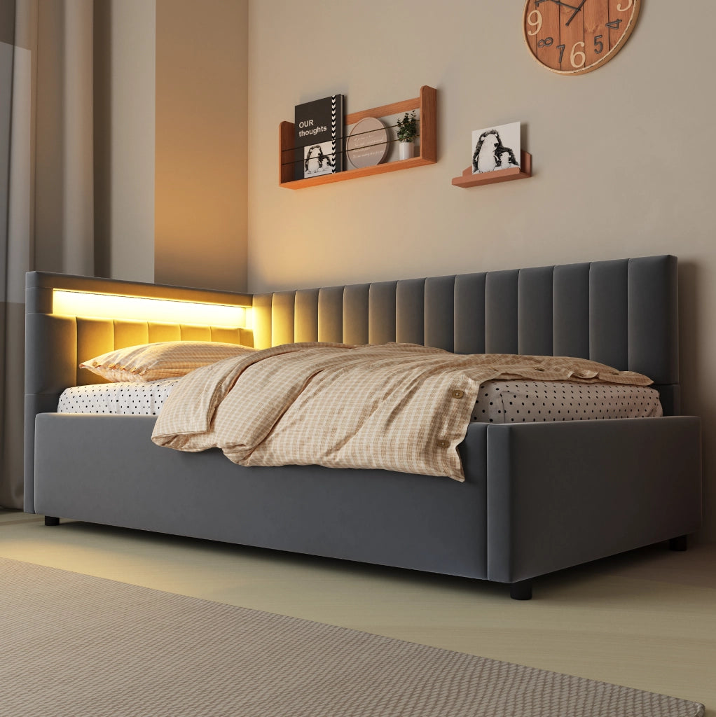 Letto imbottito 90x200 con LED, vano contenitore e rete a doghe