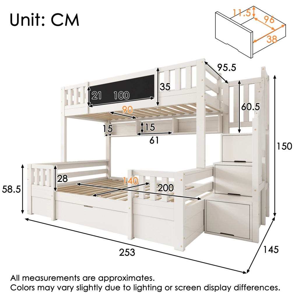 Letto a castello per 3 bambini 90x200 e 140x200 cm con scala-armadio e cassetti bianco HOMVRA