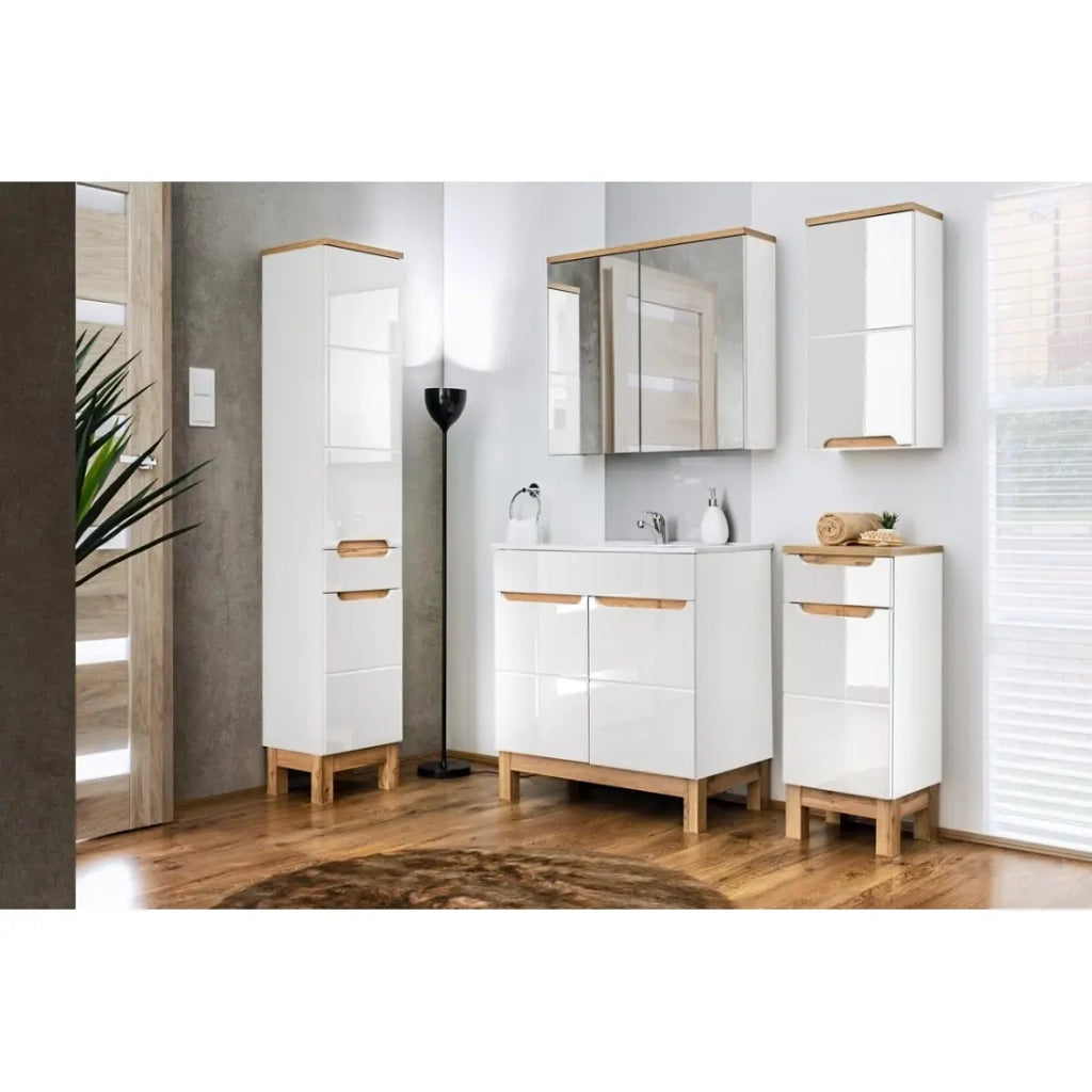 Set ERMANO: mobile sottolavabo 80cm + lavabo da incasso + sifone + colonna + contenitori con specchi