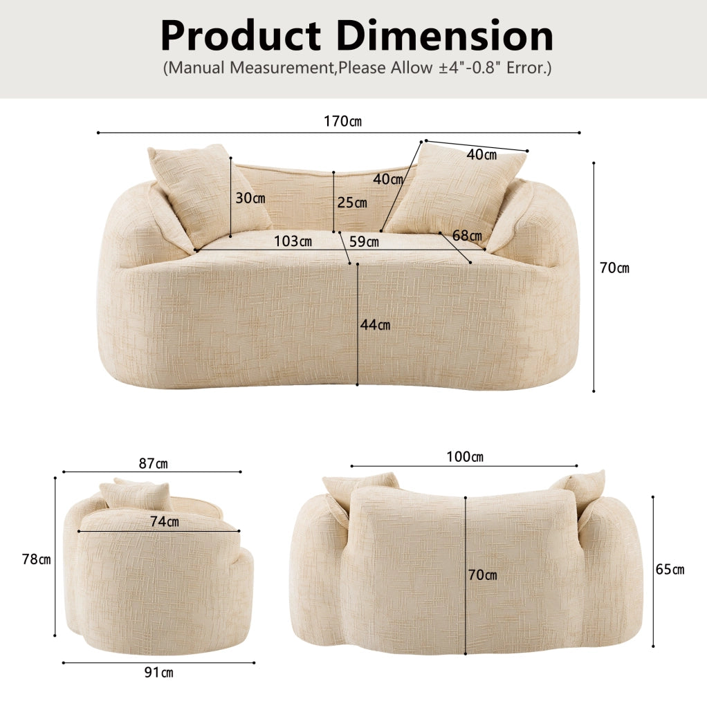 Divano curvo 2 posti con braccioli e 2 cuscini; beige