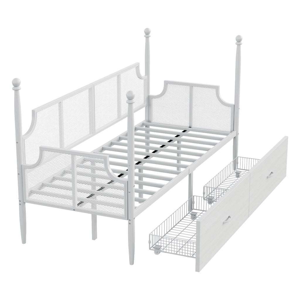 Letto divano singolo 90 × 200 cm con 2 cassetti; senza materasso; in metallo bianco dallo stile vintage