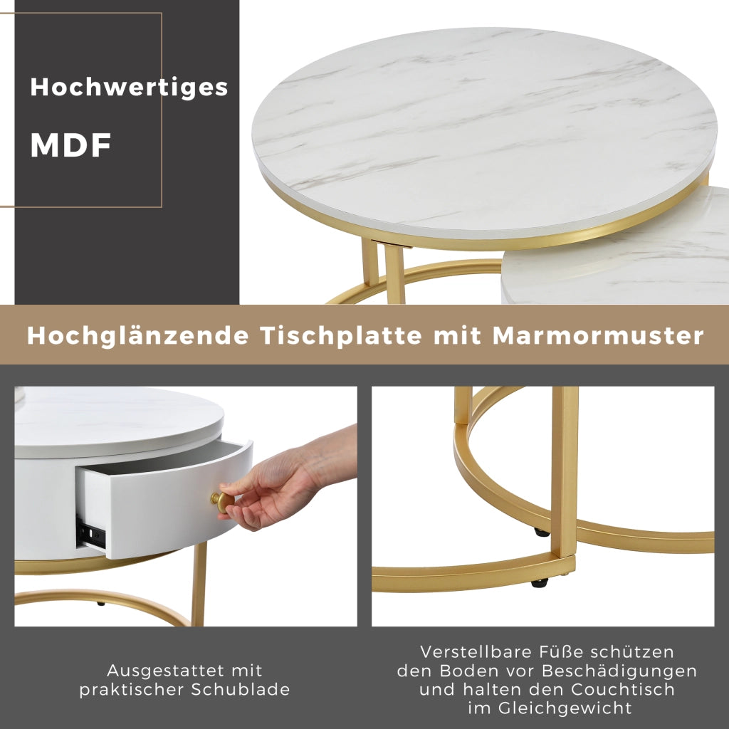 Tavolini bassi a incastro rotondi set di 2 in MDF bianco lucido effetto marmo con struttura in metallo dorata