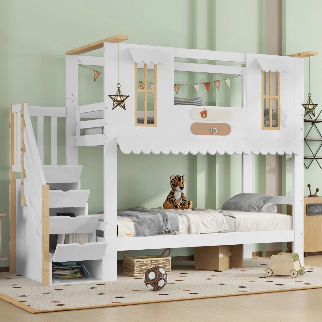 Letto a castello per bambini 90 × 200 cm con scala contenitore, finestre decorative e pannelli in feltro, senza materasso