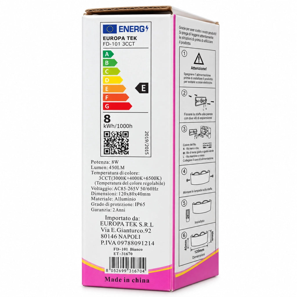 APPLIQUE LED 8W BIANCA IP65 LAMPADA PARETE ESTERNO 3000K 4000K 6000K ET-31670