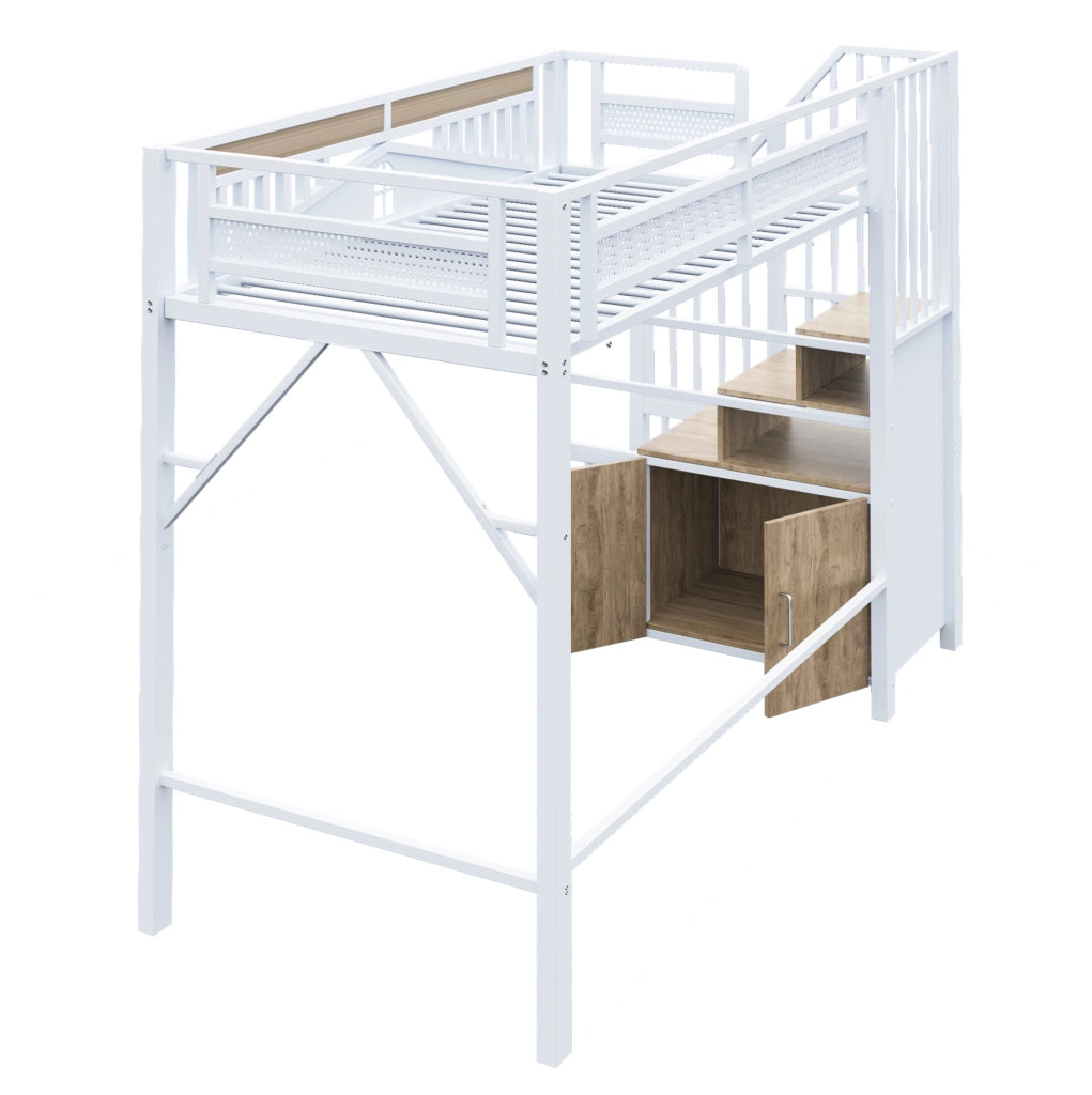 Letto a castello alto in metallo 90x200 cm con recinto di sicurezza a finestra e scala con armadietto, bianco