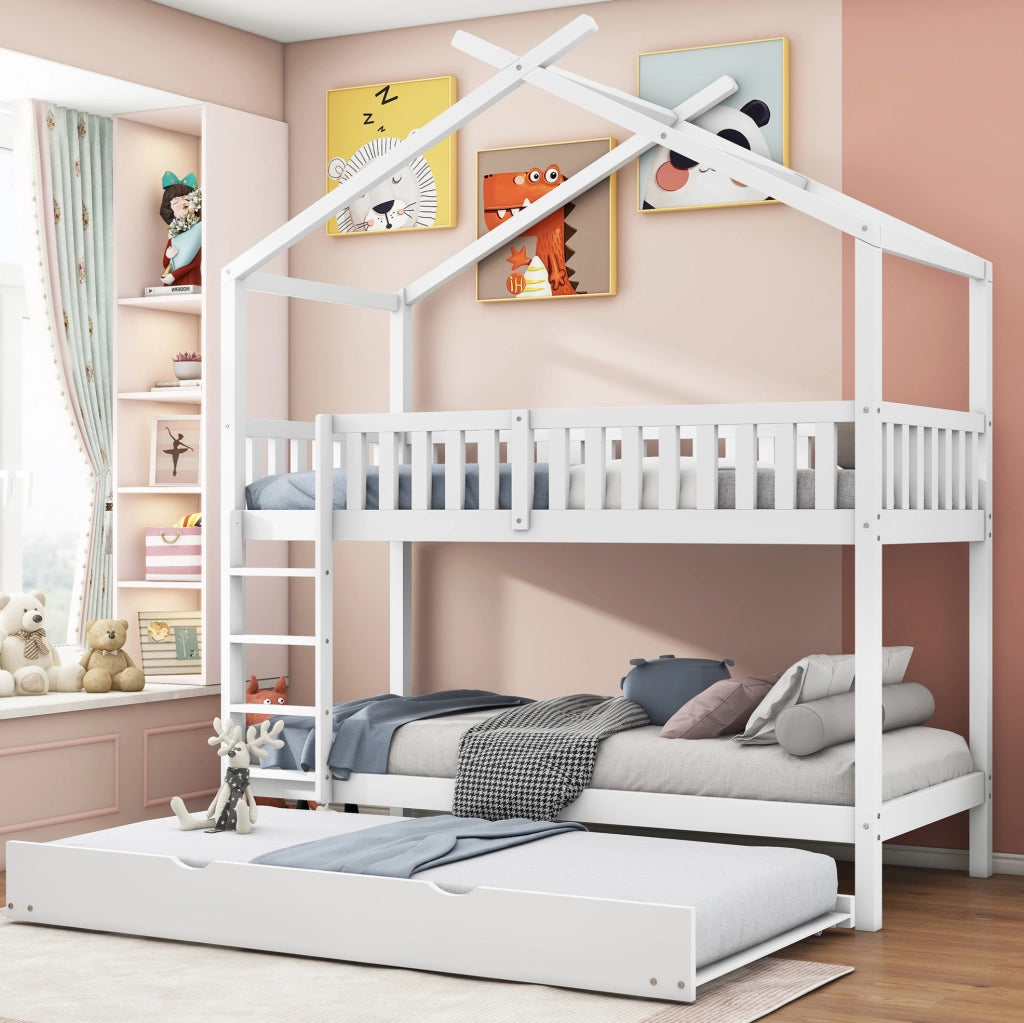 Letto a castello a 3 posti in pino bianco 90x200 cm