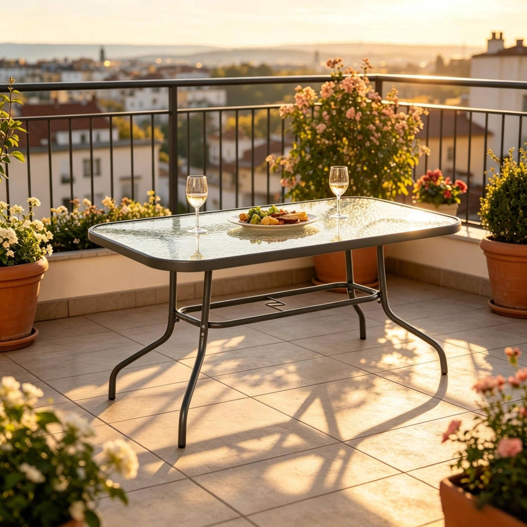 Tavolo da Giardino Rettangolare con Foro per Ombrellone, 120x80x70 cm, Metallo e Vetro Temperato, Nero