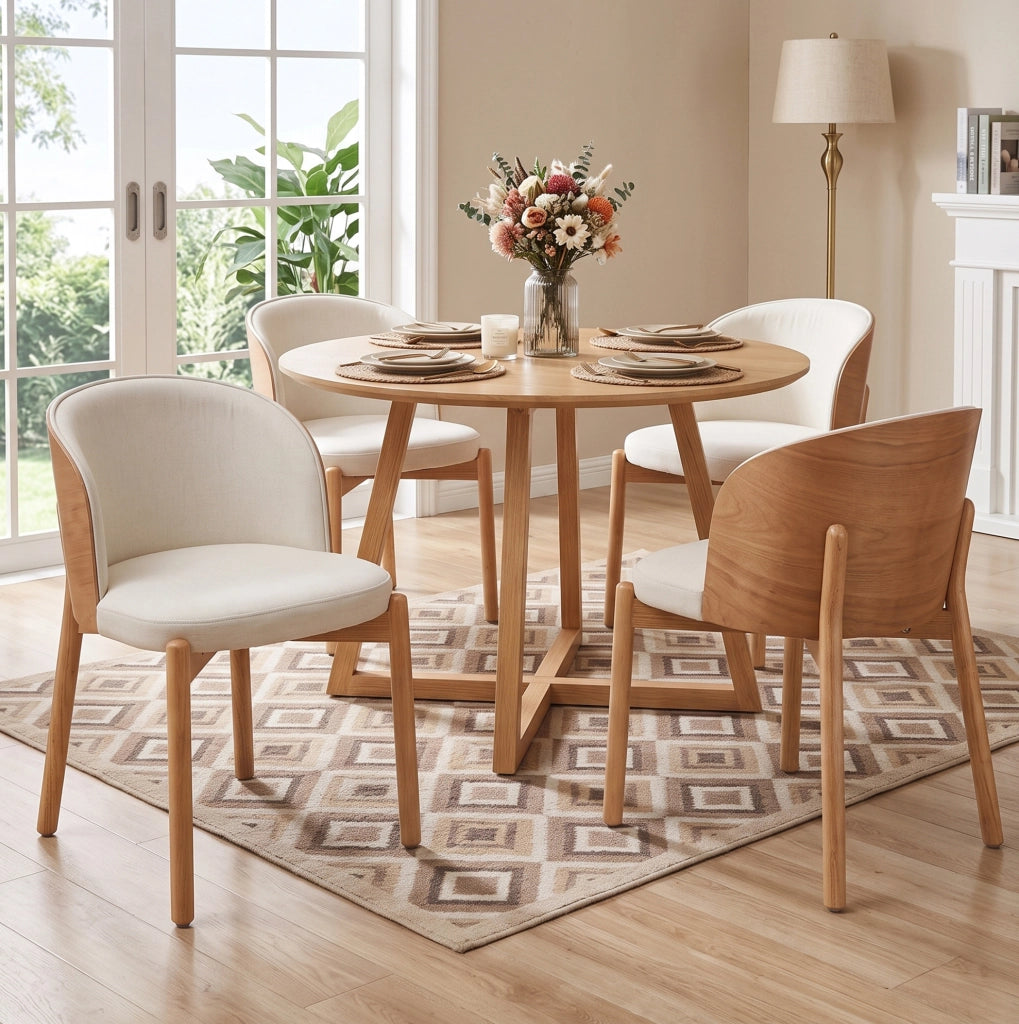 Set 4 sedie da pranzo in legno massello e tessuto di lino naturale HOMVRA