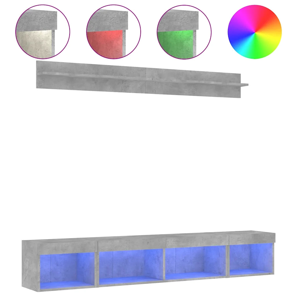Mobili TV a Muro con LED 5pz Grigio Cemento Legno Multistrato 3216685