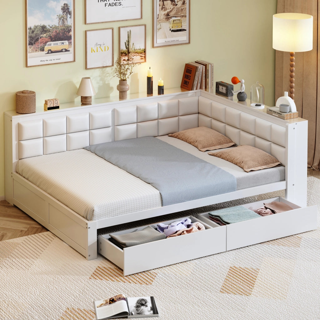 Divano letto 140 × 200 cm trasformabile con due cassetti schienale morbido in legno bianco