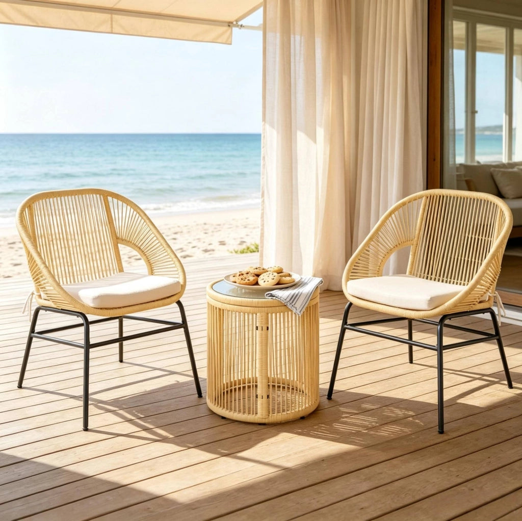 Set Salotto da Esterno 2 Posti con Tavolo Rotondo in Vetro Temperato e Poltrone in Rattan Beige