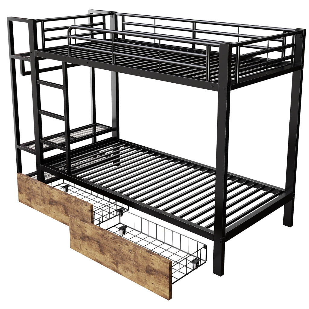 Letto a castello 90x200 cm in metallo e MDF nero con LED; cassetti e mensole