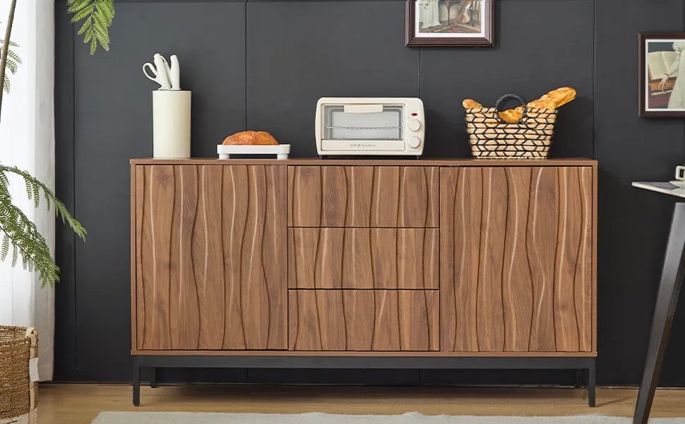 Sideboard 150 cm in legno di quercia scuro venato, stile Mid Century Modern con 3 cassetti e ampia nicchia aperta. Mobile decorativo per cucina, soggiorno, ingresso e corridoio